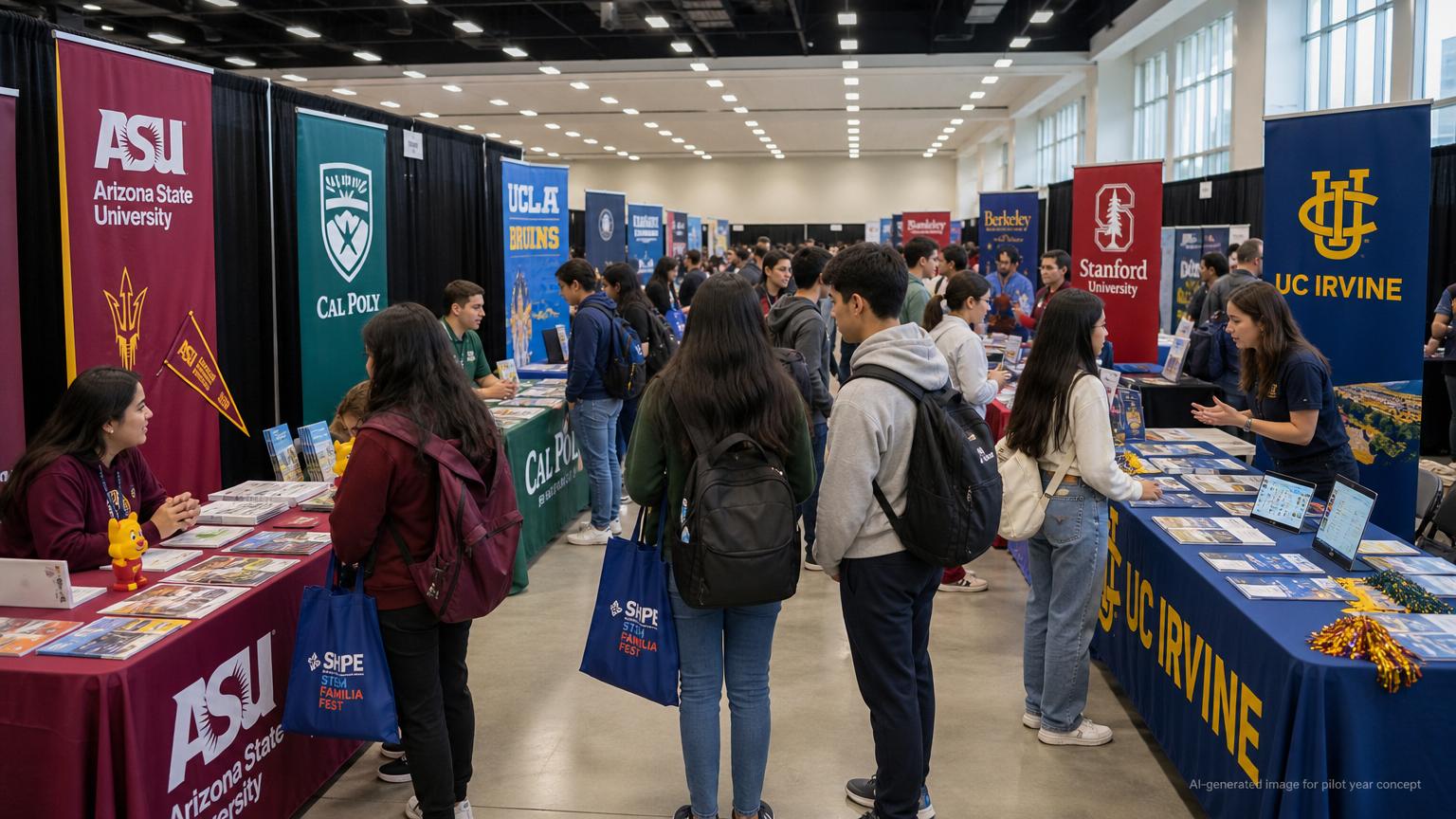 College fair with university booths at SHPE STEM Familia Fest