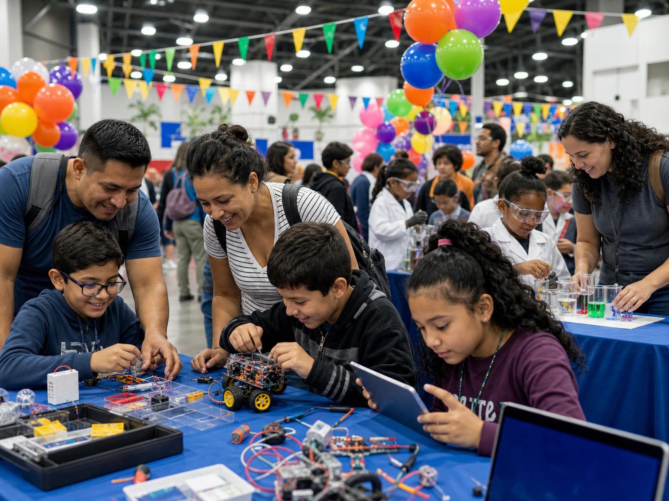 Children and families exploring hands-on STEM activities at Familia Fest