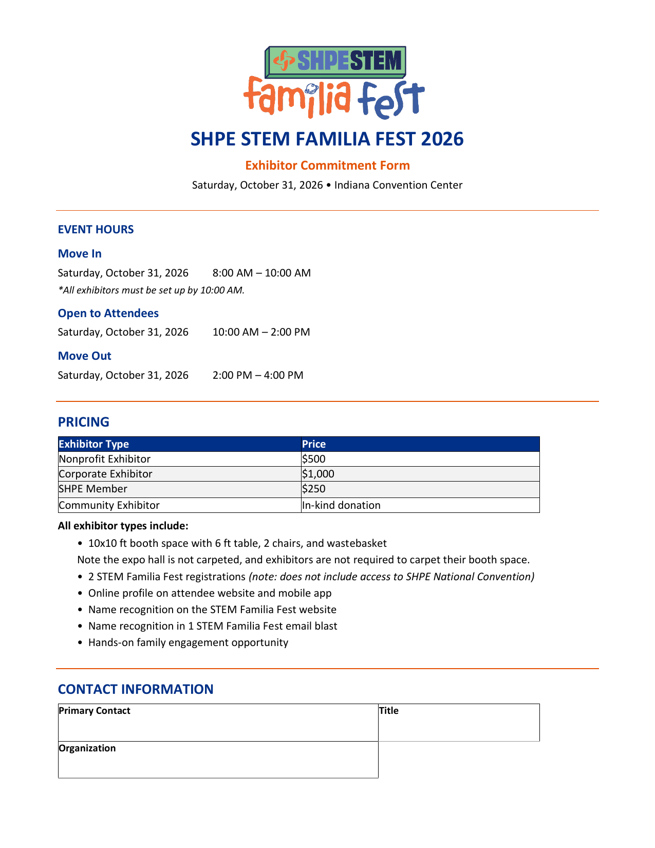 Preview of the SHPE STEM Familia Fest 2026 Exhibitor Commitment Form