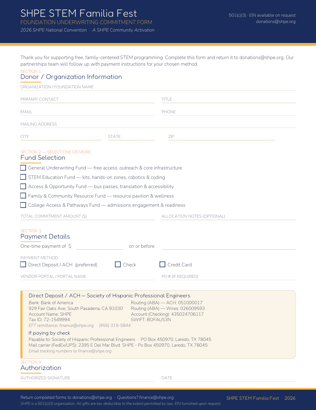 Preview of the SHPE STEM Familia Fest Foundation Underwriting Commitment Form