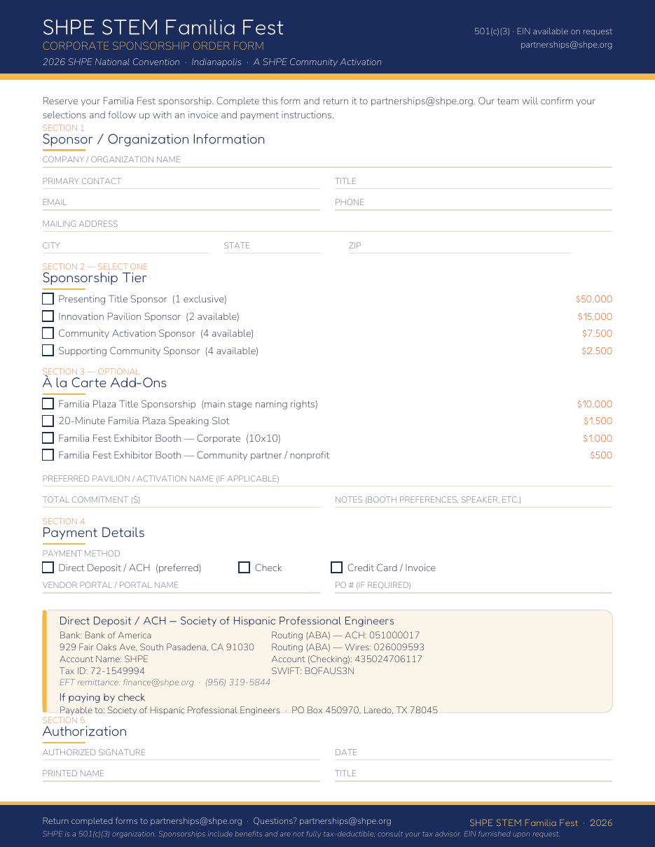Preview of the SHPE STEM Familia Fest Corporate Sponsorship Order Form